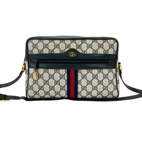 GUCCI Vintage Sherry Line GG Logo Hardware Leather Shoulder Bag/Pochette in Navy Blue (30278)