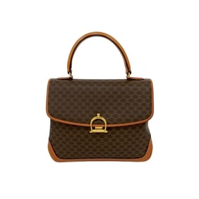 CELINE Vintage Macadam Blason Patterned Metallic Leather Handbag/Mini Tote Bag Brown 92439