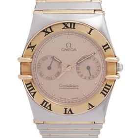 Omega Constellation Day-Date Quartz Watch with Gold Dial, Stainless Steel, and Yellow Gold, Men's