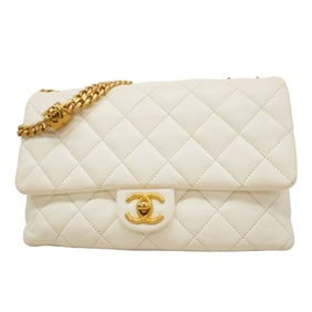 Chanel Matelasse Shoulder Bag with Chain Bag, Lambskin, White, Women's