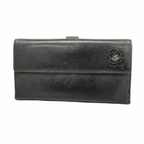 Chanel Camellia Lambskin Long Wallet Black Women's