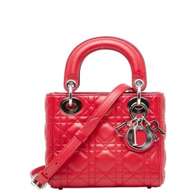 Christian Dior Dior Cannage Lady Handbag/Shoulder Bag, 2-Way, Red Leather, Women's,
