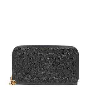 Chanel Coco Mark Round Zipper Long Wallet Black Caviar Leather Women's CHANEL