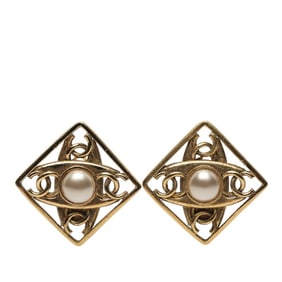 Chanel Coco Mark diamond motif earrings, gold plated with faux pearls, for women.