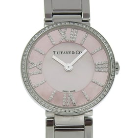 Like new Tiffany & Co. Atlas 6929161, pink shell dial, diamond bezel, indexes, stainless steel