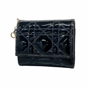 Christian Dior Tri-fold Wallet Cannage Enamel Black Champagne Women's