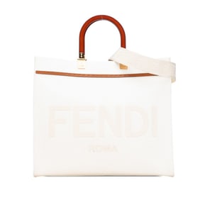 Fendi Sunshine Medium Handbag/Shoulder Bag 2WAY 8BH386 White, Beige, Brown Canvas, Wood, Leather