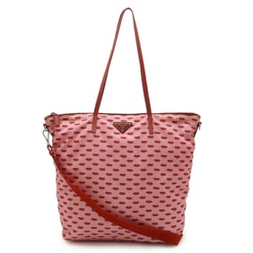 PRADA Prada Triangle Lip Pattern Tote Bag Shoulder Nylon Leather Pink Red