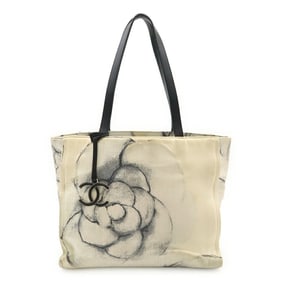 CHANEL Coco Mark Camellia Tote Bag Shoulder Canvas Leather Off-White White Black A91422