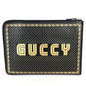 GUCCI 523441 Sega Collaboration GUCCY Logo Pouch with Handle, Second Bag, Clutch Leather, Unisex,