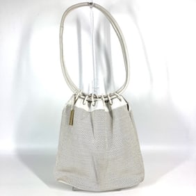 GUCCI 90644 Vintage Perforated Mesh Logo Drawstring Pouch Shoulder Bag in Leather, White