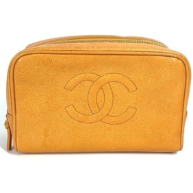 CHANEL CC Coco Mark Logo Second Bag Pouch Caviar Leather Women's Yellow