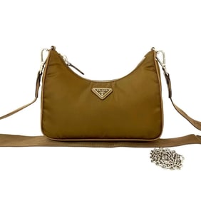 PRADA Prada Triangle Logo Hardware Nylon Saffiano Leather 2-Way Chain Semi-One Shoulder Bag Pochette