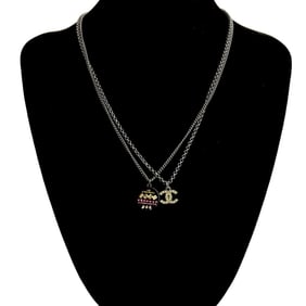 CHANEL Coco Mark Double Chain Rhinestone Necklace in Silver and Black, 62373
