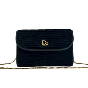 Christian Dior Logo Metal Velvet Chain Mini Shoulder Bag Pochette Sacoche Black 96101