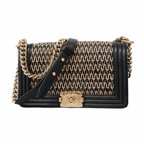 Chanel Shoulder Bag Boy Chain Lambskin Straw Black Women's