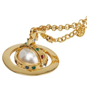 Vivienne Westwood Orb Rhinestone and Pearl Long Necklace in Gold with Multicolor Plated Faux Pearls