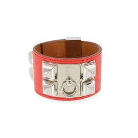 Hermes Hermès Collier de Chien Bangle, Epsom Rose Jaipur, T Stamp, Silver Hardware