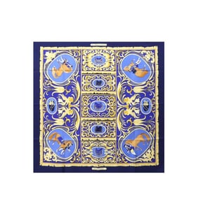 Hermes Hermès Carre 90 Large Scarf "La Presentation" Knight and Horse Design, 100% Silk, Navy