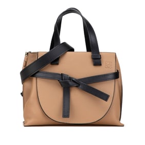LOEWE Anagram Logo Gate Top Handle Handbag/Shoulder Bag, 2-Way, Brown/Black Leather, Women's