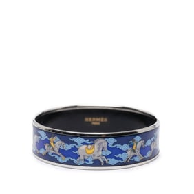 Hermes GM enamel horse motif bangle in silver, blue, and multicolored metal for women.