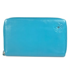 CHANEL Camellia CC Coco Mark Round Zipper Long Wallet Leather Women's Blue