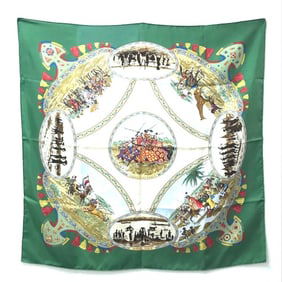 HERMES Carré 90, CAVALIERS PEULS, Women's Silk Scarf, Green