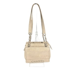 CHANEL CC Coco Mark Chain Tote Bag Shoulder Canvas Women's Beige