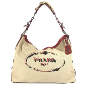PRADA Prada Logo Rope Canvas Tote Bag Hobo Shoulder Leather/Canvas Women's Red