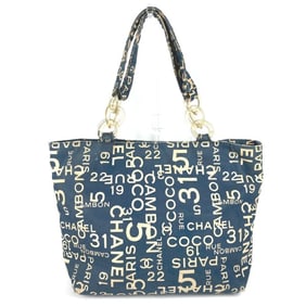 CHANEL Bi-Cea Line Logo Shoulder Bag with Cell Phone Pouch and Plastic Chain Tote Bag, Canvas, Navy