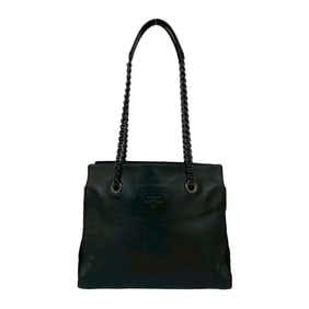 PRADA Prada Logo Embossed Leather and Nylon Chain Tote Bag/Semi Shoulder Bag, Black, 30431