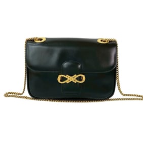 CELINE Vintage Ribbon Motif Metal Hardware Calf Leather Chain Semi Shoulder Bag Pochette 54088