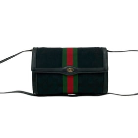 GUCCI Old Gucci Vintage Sherry Line GG Logo Canvas Leather Shoulder Bag Black 27762