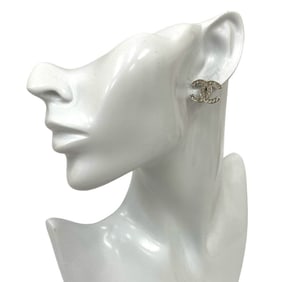 CHANEL Coco Mark Metal Rhinestone Earrings for Women, Silver, 07609