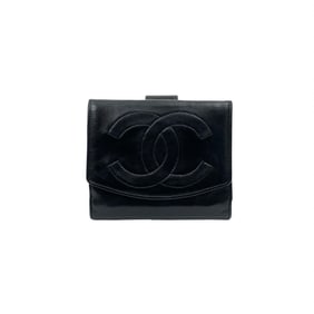 CHANEL Coco Mark Lambskin Leather Bifold Wallet Black 93169