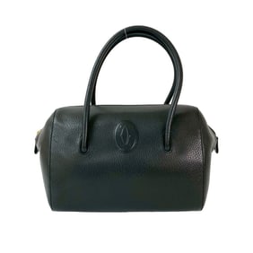 CARTIER Vintage Must Line Leather Handbag Mini Boston Bag Black 32624