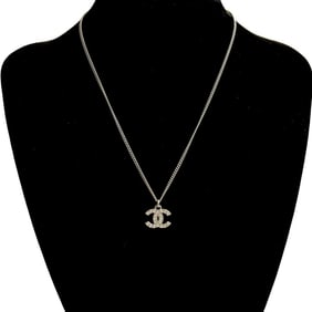 CHANEL Coco Mark Metal Rhinestone Chain Necklace Pendant in Silver 57614