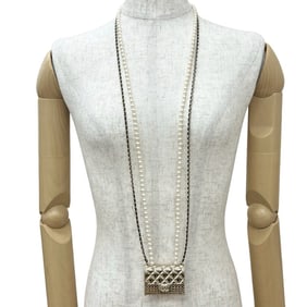 CHANEL Coco Mark Matelasse Bag Motif Metal Faux Pearl Chain Necklace 57877