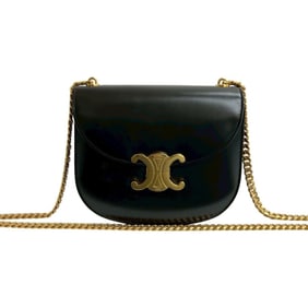 CELINE Teen Chain Besas Triomphe Logo Calf Leather Shoulder Bag Pochette Black 30423