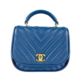 CHANEL Handbag Shoulder Bag V-Stitch Leather Blue Gold Women's z7078