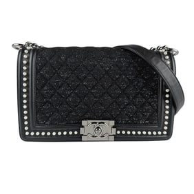 CHANEL Boy Chanel Shoulder Bag in Tweed and Leather, Black, Silver, White, Women's, Z7099