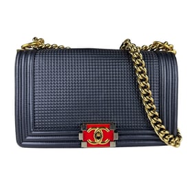 CHANEL Boy Chanel Shoulder Bag, Leather, Navy x Red, Women's, Z7154