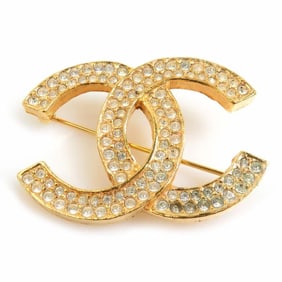 CHANEL Coco Mark Metal Brooch with Rhinestones in Gold and Silver, Women's, e60961k