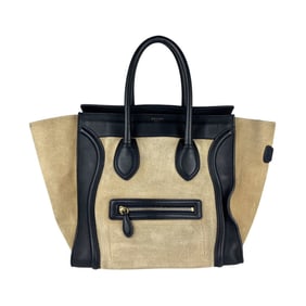 Celine Luggage Mini Shopper Handbag, Suede Leather, Beige and Navy, Women's, Z7024