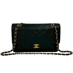 CHANEL Matelasse Double Flap Coco Mark Lambskin Chain Shoulder Bag, Black, 28032