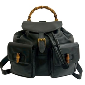 GUCCI Old Gucci Vintage Bamboo Leather Drawstring Backpack/Daypack, Black, 35356