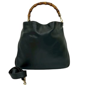 GUCCI Old Gucci Bamboo Leather 2-Way Handbag, Shoulder Bag, Tote Black 87319