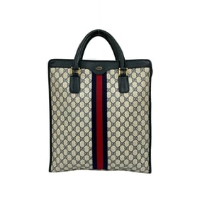GUCCI Vintage Sherry Line GG Logo Hardware Leather Handbag Tote Bag Navy 222-3