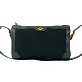 GUCCI Old Gucci Micro GG Logo Hardware Leather Canvas Shoulder Bag Pochette Sacoche Black 10547