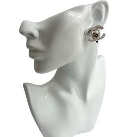 CHANEL Vintage Coco Mark Turnlock Motif Plated Earrings in Silver 58425